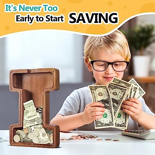 Summidate Customized Name Large Wooden Piggy Bank for Kids Boys Girls Alphabets Letter A-Z Coins Bills Money Change Bank Box Initial on Clear Cover (Laser Engraved) (Alphabet-I, Personalized-12)