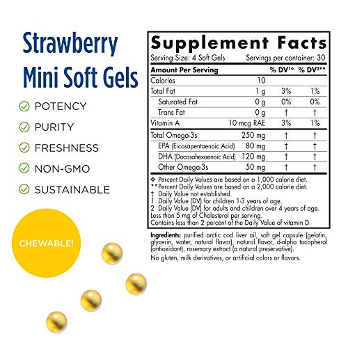 Nordic Naturals Children’s DHA, Strawberry - 120 Mini Chewable Soft Gels for Kids - 250 mg Omega-3 with EPA & DHA - Brain Development & Function - Non-GMO - 30 Servings