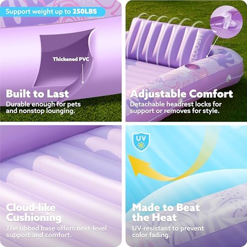 SLOOSH Inflatable Tanning Pool Lounger Float, 70" x 46" Pool Floats Adult with Pillow, 4 in 1 Suntan Tub Raft Floatie,Sunbathing Bed Lounge for Water Blow Up Kids Ball Pit Party Gifts, L-Purple