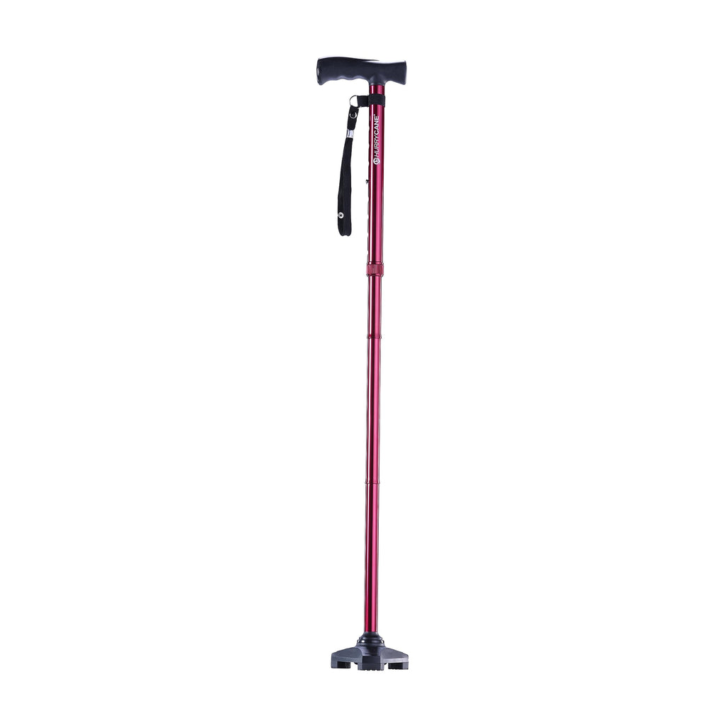 HurryCane Freedom Edition Foldable Walking Cane with T Handle - Enhanced Mobility Support - Patented SteadiGrip Base - Adjustable Height - Lightweight Foldable Design - Red