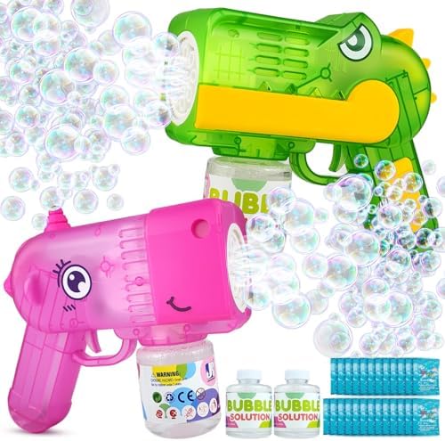 Bubble Gun 2 Packs for Kids, Automatic Bubble Machine with 2 Bottles &25 Bags Refill Solution, Bubble Maker Gifts for Kids, Outdoor Game Toys for Boys&Girls Ages 3+ (Green&Pink(8-Hole))
