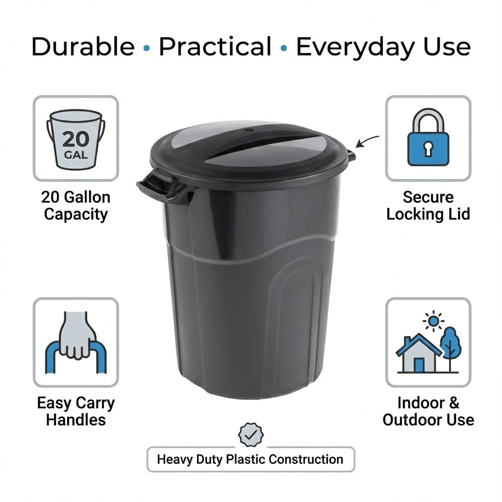 20 Gallon Heavy Duty Trash Can with Secure Click-Lock Lid – Durable All-Weather Plastic Garbage Bin for Outdoor Patio, Garage, Kitchen & Commercial Use – Black Utility Container