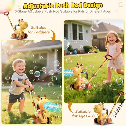 Automatic Bubble Machine Toddler Toys: Giraffe Bubble Lawn Mover Outdoor Toy for 1 2 3 4 5 Year Old Boy Girl - Push or Handheld Bubble Maker Blower for Age 1-3 Kids Birthday Gifts