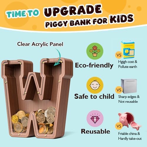 Summidate Wooden Letter Piggy Bank, Extra Thick Large Capacity Piggy Bank for Kids Boys Girls Toddler, Alphabet W Money Bank| Coin Box Birthday, Christmas, Festival