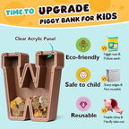 Summidate Wooden Letter Piggy Bank, Extra Thick Large Capacity Piggy Bank for Kids Boys Girls Toddler, Alphabet W Money Bank| Coin Box Birthday, Christmas, Festival