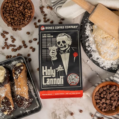 Bones Coffee Company Holy Cannoli Flavored Coffee Beans, Whole Bean Coffee Medium Roast Low Acid, Cannoli Flavor (12 oz)