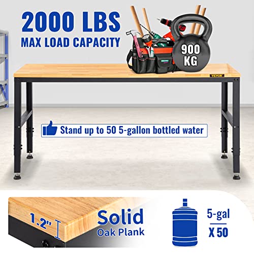 VEVOR 60" Adjustable Workbench, Heavay Duty Workstation 2000 LBS Load Capacity, with Power Outlets & Rubber Wood Top & Metal Frame & Foot Pads, for Workshop Office Home Garage