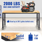 VEVOR 60" Adjustable Workbench, Heavay Duty Workstation 2000 LBS Load Capacity, with Power Outlets & Rubber Wood Top & Metal Frame & Foot Pads, for Workshop Office Home Garage