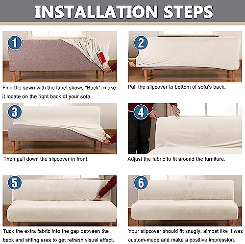 OQHAIR Armless Futon Cover Stretch Jacquard Sofa Slipcover Textured Small Checks Couch Cover Furniture Protector Machine Washable -Wine red-3Seater