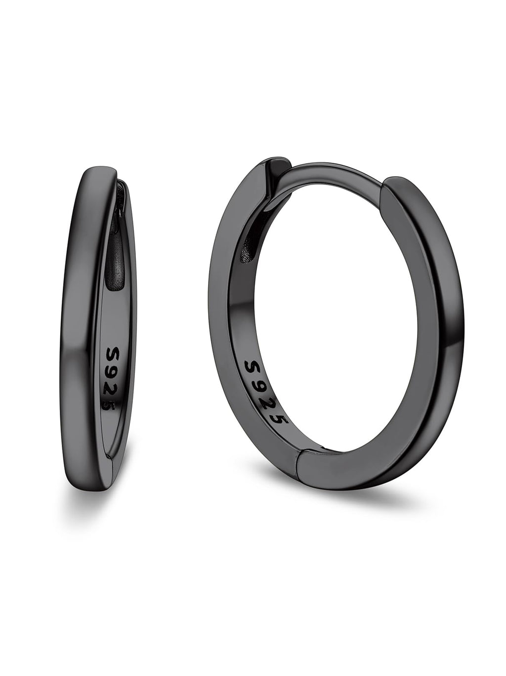 Bandmax Mens Black Small Huggie Hoop Earrings 925 Sterling Silver 10mm Round Huggy Ear Hoops Aretes Negros para Hombre Silver Ears Jewelry Gift for Women Men