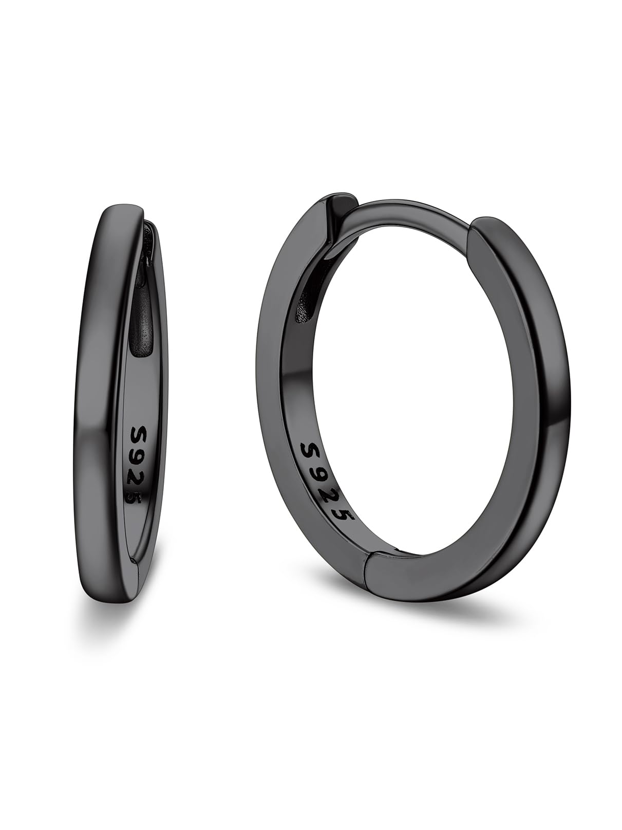 Bandmax Mens Black Small Huggie Hoop Earrings 925 Sterling Silver 10mm Round Huggy Ear Hoops Aretes Negros para Hombre Silver Ears Jewelry Gift for Women Men