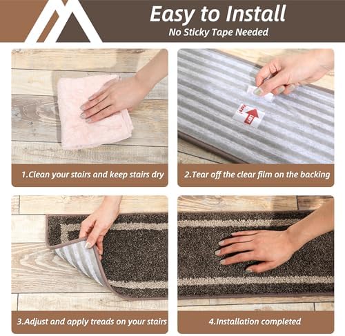 COSY HOMEER Soft Stair Treads 15pcs Non-Slip Carpet Mat 28inX9in Indoor Stair Runners for Wooden Steps,Stair Rugs for Kids and Dogs, 100% Polyester TPE Backing Brown,Square