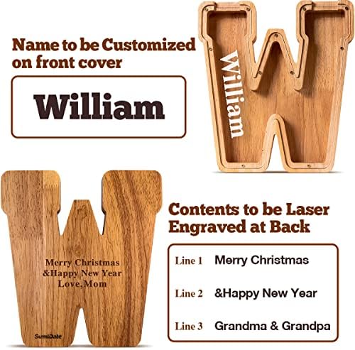Summidate Customized Name Large Wooden Piggy Bank for Kids Boys Girls Alphabets Letter A-Z Coins Bills Money Change Bank Box Initial on Clear Cover (Laser Engraved) (Alphabet-J, 9")