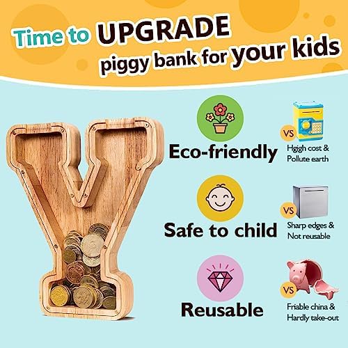 SummiDate Wooden Letter Piggy Bank| Piggy Bank for Boys Girls Toddler| Alphabet Y Money Bank| Coin Bank Birthday Gift for Kids|Birthday Gift for Kids (Y)