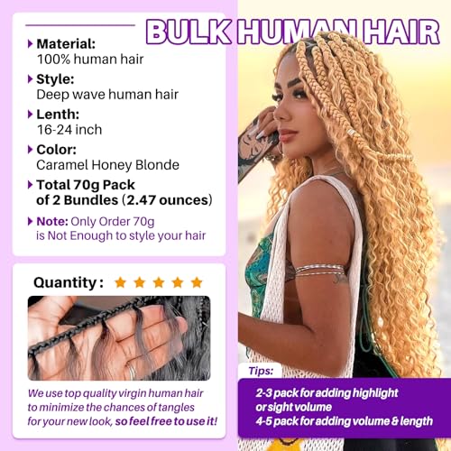 Human Braiding Hair for Boho Braids, Deep Wave Bulk Boho Braids Human Hair for Knotless Curly Bohemian Water Wave Braiding 70g 16 Inch Caramel Blonde (2 No Weft Bundles/Pack)