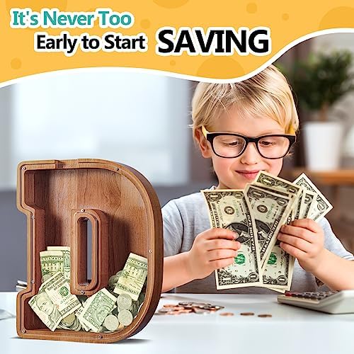 Summidate Customized Name Extra Large Wooden Piggy Bank for Kids Boys Girls Alphabets Letter A-Z Coins Bills Money Change Saving Box Clear Cover (Laser Engraved) Educational Toys 12"- Letter D