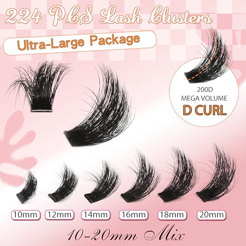 Fluffy Lash Clusters Kit 10-20mm Thick 200D Cluster Eyelash Extensions 224 Pcs D Curl Mega Volume Eyelash Clusters False Eyelashes with Lash Bond and Seal Lash Tweezers DIY at Home, by Anforlin