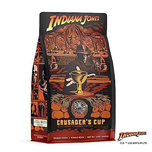Bones Coffee Company Indiana Jones Crusader's Cup Flavored Coffee Beans, Whole Bean Coffee Medium Roast Low Acid, Scotcheroo Flavor (12 oz)