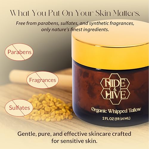 Hide & Hive Organic Whipped Tallow Balm – Grass-Fed and Handcrafted Skincare for Sensitive Skin, Face, Lips, and Body – 6 Organic Ingredients, Chemical-Free, Fragrance-Free Deep Hydration – 2oz