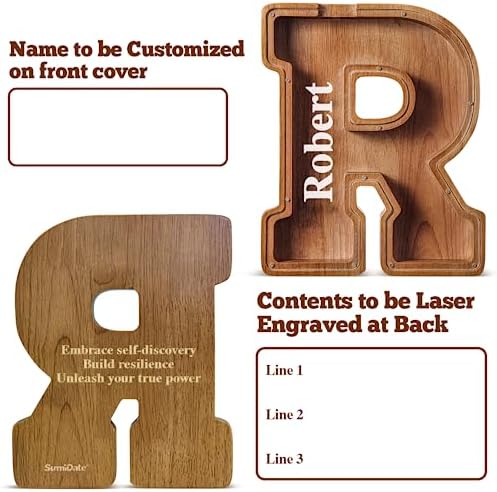 Summidate Customized Name Extra Large Wooden Piggy Bank for Kids Boys Girls Alphabets Letter A-Z Coins Bills Money Change Saving Box Clear Cover (Laser Engraved) Educational Toys 12"- Letter R