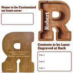 Summidate Customized Name Extra Large Wooden Piggy Bank for Kids Boys Girls Alphabets Letter A-Z Coins Bills Money Change Saving Box Clear Cover (Laser Engraved) Educational Toys 12"- Letter R