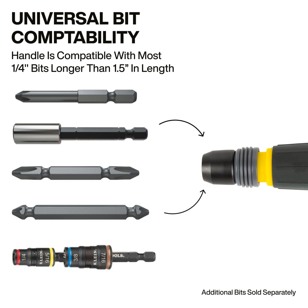 Klein Tools 32960A Fastbit Tru-Grip Screwdriver, Ball-Style Handle with Quick-Release Collar, #2 Phillips and 6 mm Slotted Double-Ended Bit, 1/4-Inch Bit Compatible