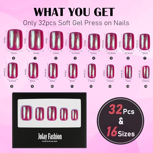 Press On Nails Red - Jofay Fashion Press On Nails Christmas Short Square for Gifts, Chrome Red Stick On Nails with Glue, Glossy Reusable Nail Tips in 16 Sizes - 32 Soft Gel Fake Nails Kit, Chrome Red