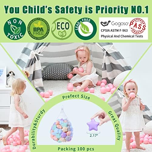 GOGOSO 100 Ball Pit Balls Star Bals - Pink Soft Plasticballs Phthalate Free BPA Free Playballs for Ballpool Birhtday Party Girls Kids with Storage Bag, 2.15inches