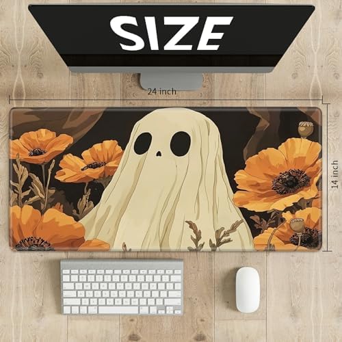 Playmats for Magic: The Gathering MTG Card Game Mat Plus 50 Pcs Card Sleeves, 24 x 14 inch TCG Mat with Stitched Edge for Commander Deck Duskmourn Board Game, White Ghost