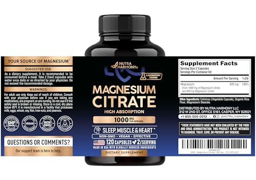 Magnesium Citrate Capsules 1000mg | High Absorption Supplement - Sleep, Muscle & Heart Support - Vegan | Non-GMO - Made in USA - As Powder | Pills | Tablets - 120 Capsules, 2 Month Supply