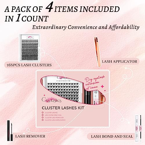 DIY Eyelash Extension Kit, Crislashes Cluster Lashes Kit with 168 PCS 8-16mm Mixed, Thin Band, Lash Bond and Seal, Applicator, Reusable Home Use (KIT 02)