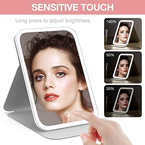 Kintion Travel Makeup Mirror, Portable LED Lighted Makeup Mirror, 360° Rotation Touch Screen Vanity Mirror, 60 LEDs, 3-Color Dimmable Lighting, Rechargeable Tabletop Folding Cosmetic Mirror, Pink