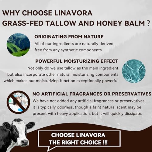 Tallow and Honey Balm – Natural Moisturizer with Grass-Fed Beef Tallow for Skin, Honey, Vitamin E – Unscented, 4oz – Ideal for Face & Body Care