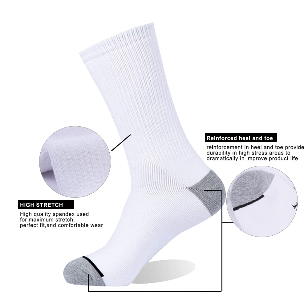 EnerWear 10 Pack Men's Cotton Moisture Wicking Heavy Cushion Crew Socks White Size 10-13 (Shoe Size 6-12)