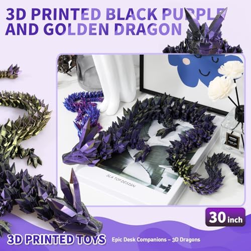 Large 3D Printed Dragon,30 Inch 3D Dragon Toys,Bigger Fidget Crystal Animals Toys, 3D Printed Articulated Animals for Home Office Car Desk Decor (Black Purple Gold, 30 inch)
