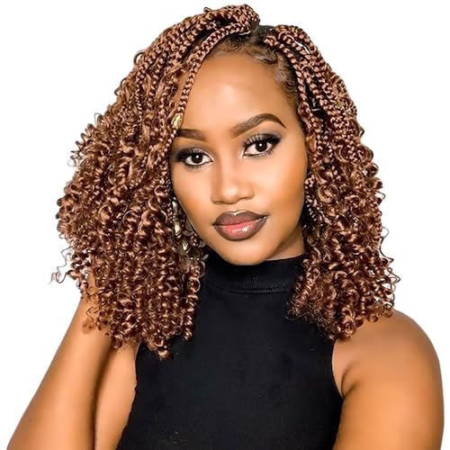 Niseyo Goddess Box Braids Crochet Hair 14 Inch 8 Packs Short Crochet Box Braids Pre Looped Curly Ends Boho Style Synthetic Hair (30#/Medium Dark Brown)