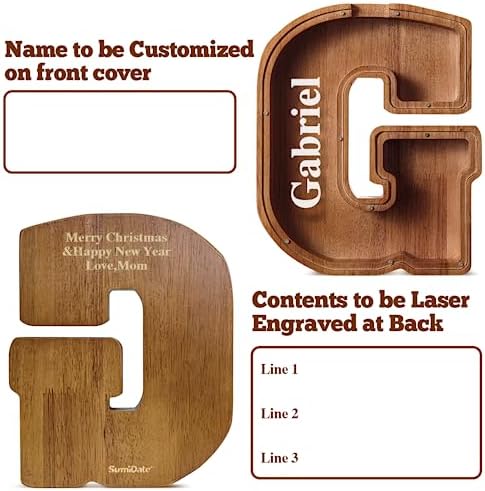 Summidate Customized Name Extra Large Wooden Piggy Bank for Kids Boys Girls Alphabets Letter A-Z Coins Bills Money Change Saving Box Clear Cover (Laser Engraved) Educational Toys 12"- Letter G