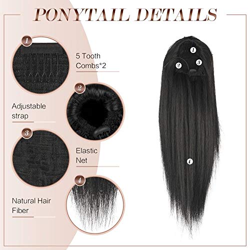 FESHFEN Straight Ponytail Extensions Long Drawstring Natural Synthetic Pony Tail Hair Pieces Clip in Ponytails Hairpieces for Women, Black Brown 14 inch
