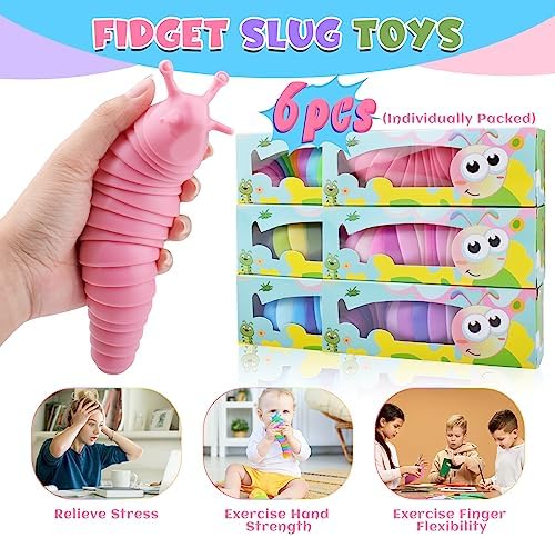 Cevioce 6 Sensory Slug Fidget Toys, Adults & Kids Party Favors, Autism Sensory Toys for 3+ Year Olds - Blue