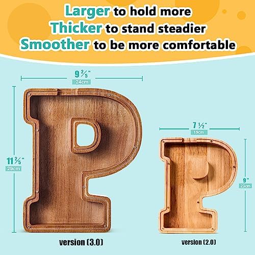 Summidate Customized Name Extra Large Wooden Piggy Bank for Kids Boys Girls Alphabets Letter A-Z Coins Bills Money Change Saving Box Clear Cover (Laser Engraved) Educational Toys 12"- Letter P