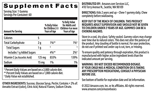 Amazon Basics Kids' Vitamin C 125mg Gummies, Orange, Immune Health, 2 Month Supply (Previously Solimo) 60 Count (Pack of 2)