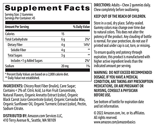Amazon Basics (previously Solimo Fiber 4g Gummy - Digestive Health, Supports Regularity, Orange, Lemon & Strawberry, 90 Gummies (2 per Serving) (Pack of 2)