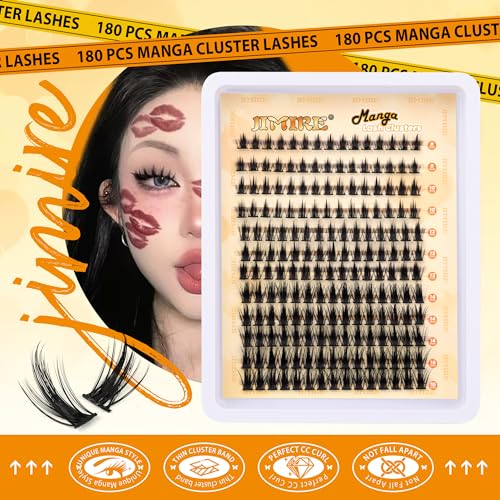 JIMIRE Wispy Lash Clusters Extensions 180Pcs Anime Eyelash Clusters D Curl Manga Lashes Clusters Natural Look 8-16MM Cluster Eyelash Extensions Individual Lash Extension Pack