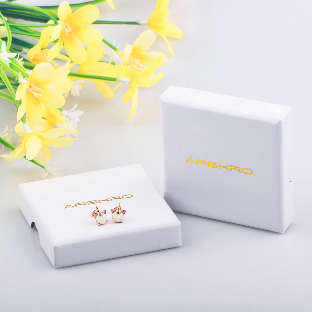 Rose Gold Plated Unicorn Earrings, 14K Hypoallergenic Earrings for Kids ARSKRO S925 Sterling Silver Post Cute Tiny Small Fire Opal Stud Jewelry Gifts for Little Teen Girl Sensitive Ears