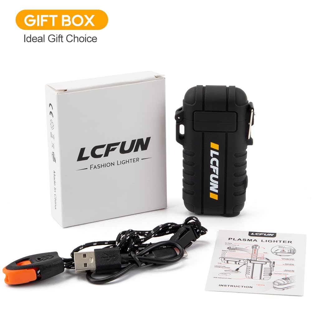 LcFun Electric Dual Arc Lighter USB Rechargeable, Windproof Plasma Lighters with LED Battery Indicator, Waterproof Flashlight Lighter with Whistle Lanyard for Camping, Survival Gear