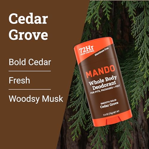 Mando Whole Body Deodorant For Men - Smooth Solid Stick - 72 Hour Odor Control - Aluminum Free, Baking Soda Free, Skin Safe - 2.6 Ounce (Pack of 2) - Cedar Grove