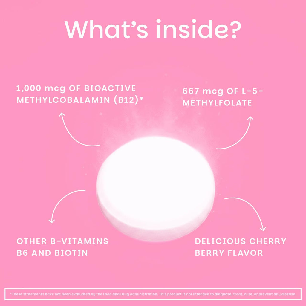 EZ Melts Energy, Memory & Mood Enhancer - B Vitamins Supplement with Vitamin B12, B6, Folate & Biotin - Non-GMO & Vegan - Cherry Berry - 120 Dissolvable Tablets (120 Servings)