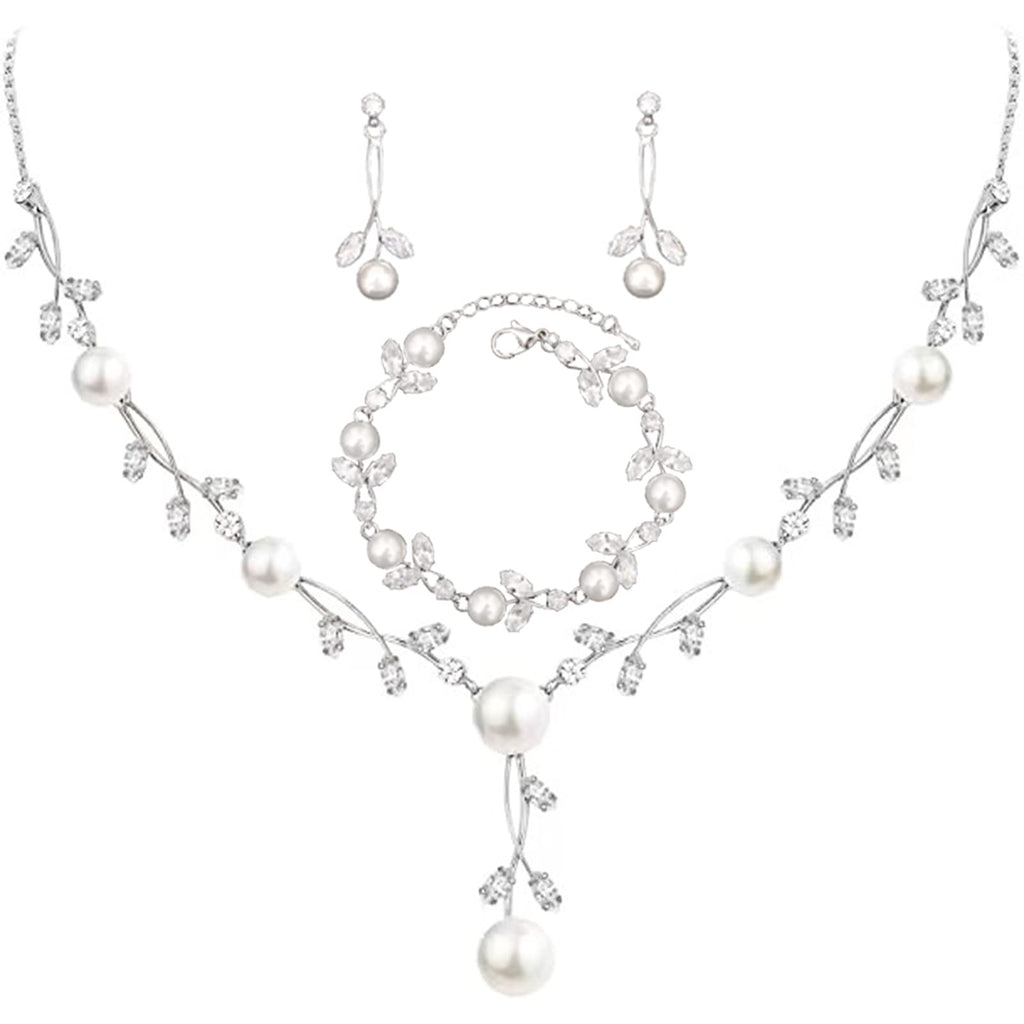 Enrwin Luxury Cubic Zirconia Aurtrian Crystal Pearl Floral Necklace Dangle Earrings Link Bracelet Set Wedding Bridal Jewelry Set Birthday Gifts for Her, Style2-Clear-Silver Plated