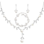 Enrwin Luxury Cubic Zirconia Aurtrian Crystal Pearl Floral Necklace Dangle Earrings Link Bracelet Set Wedding Bridal Jewelry Set Birthday Gifts for Her, Style2-Clear-Silver Plated