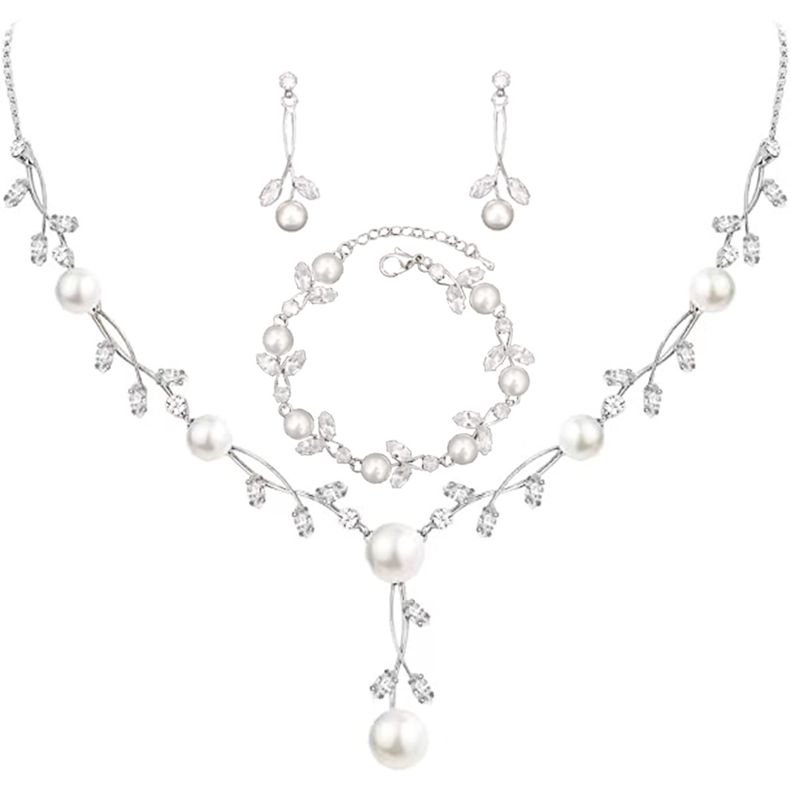 Enrwin Luxury Cubic Zirconia Aurtrian Crystal Pearl Floral Necklace Dangle Earrings Link Bracelet Set Wedding Bridal Jewelry Set Birthday Gifts for Her, Style2-Clear-Silver Plated